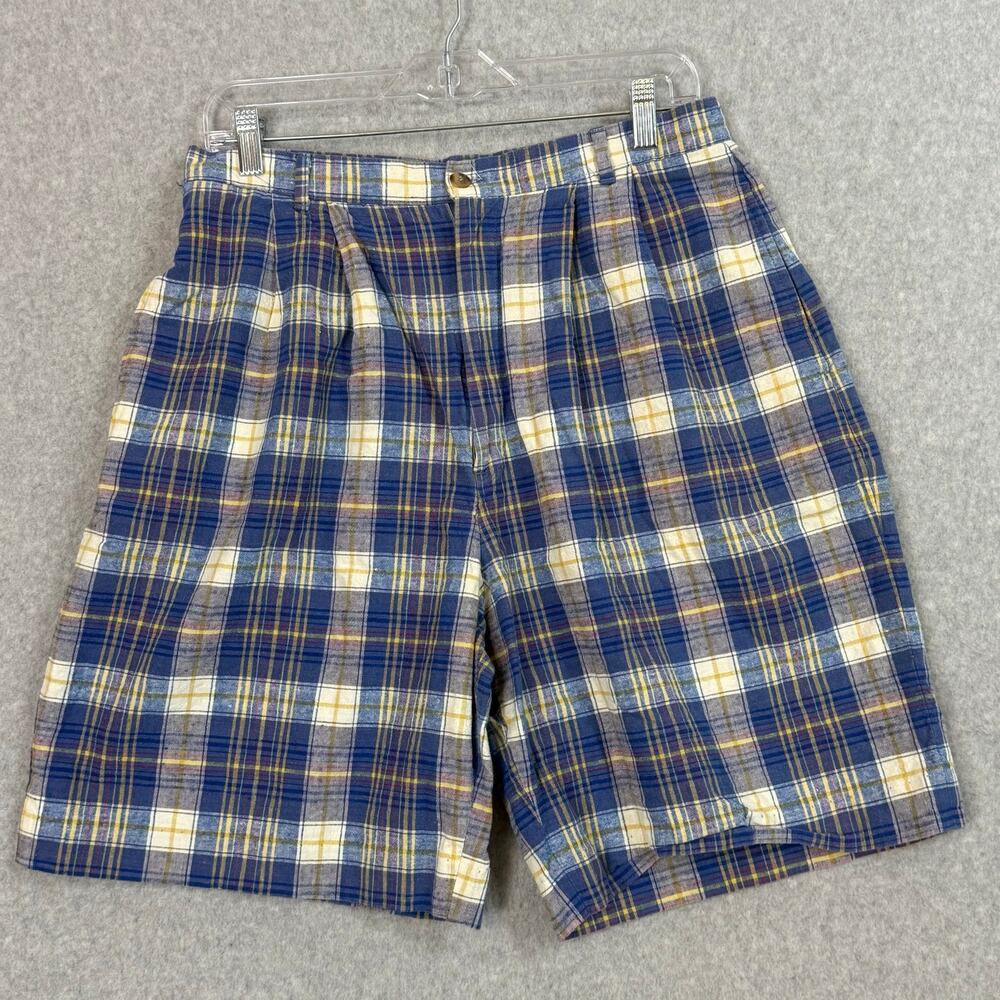 Vtg 80s Lisa Madras Plaid Bermuda Shorts Size 14 Pleated Linen Cotton Preppy